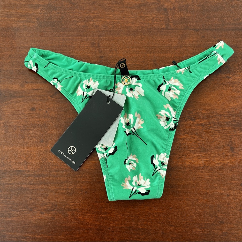 VIX PAULA HERMANNY Petals Amber Floral-print Bikini Briefs In Green, Size M, NWT